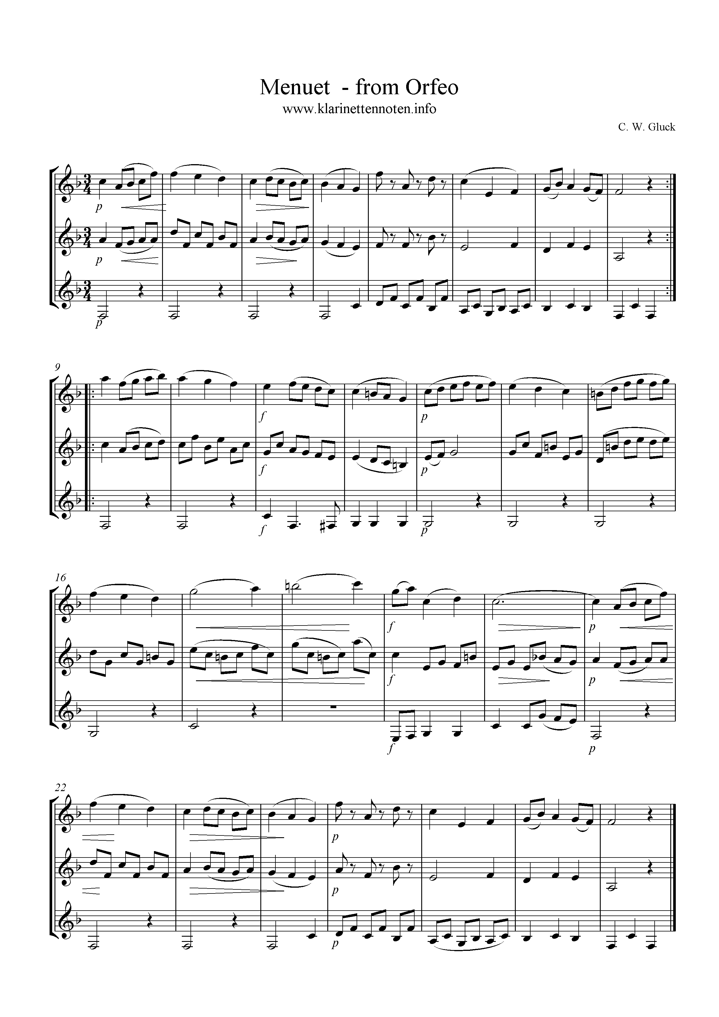 Menuet in F, Gluck, Clarinet Trio